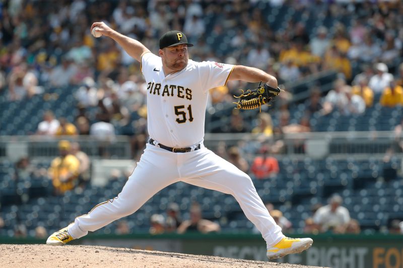 Jul 16, 2023; Pittsburgh, Pennsylvania, USA;  Pittsburgh Pirates relief pitcher David Bednar (51) pitches against the San Francisco Giants during the ninth inning at PNC Park. Mandatory Credit: Charles LeClaire-USA TODAY Sports