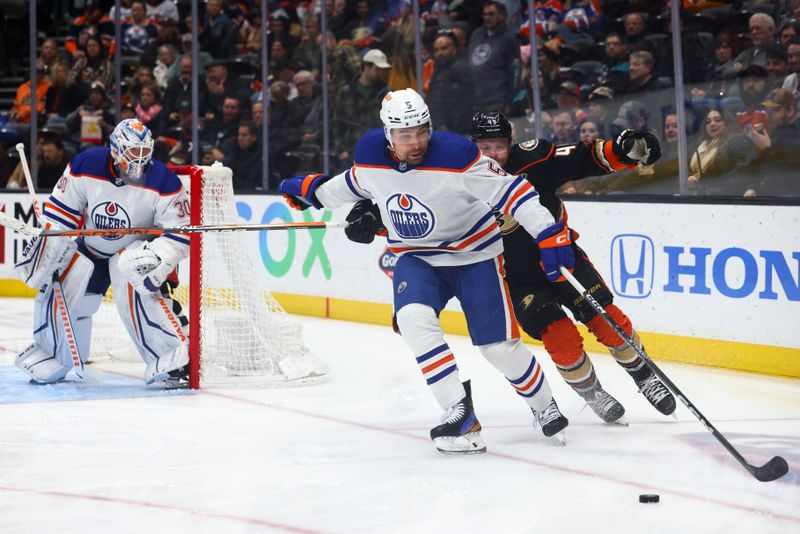 Feb 9, 2024; Anaheim, California, USA; Edmonton Oilers defenseman Cody Ceci (5) skates against the Anaheim Ducks during the second period of a game at Honda Center. Mandatory Credit: Jessica Alcheh-USA TODAY Sports