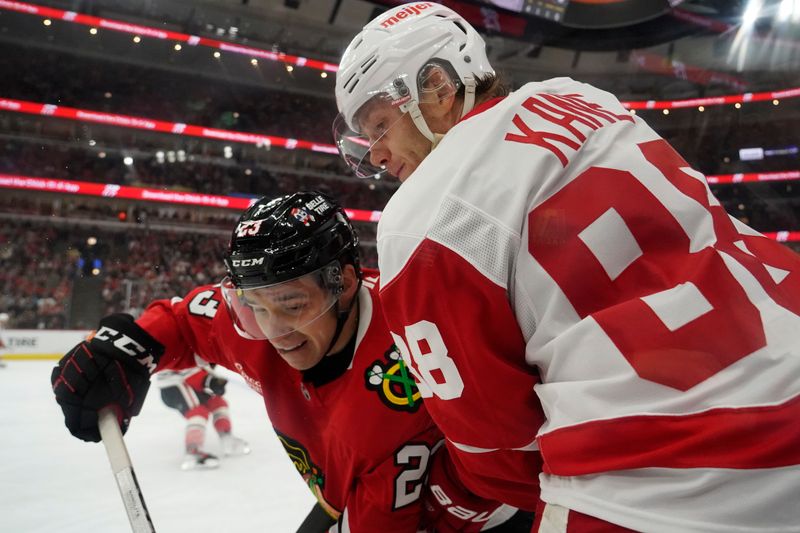 Nov 6, 2024; Chicago, Illinois, USA; Chicago Blackhawks center Philipp Kurashev (23) and Detroit Red Wings right wing Patrick Kane (88) go for the puck during the first period at United Center. Mandatory Credit: David Banks-Imagn Images