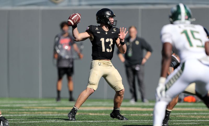 Oct 12, 2024; West Point, New York, USA; Army Black Knights quarterback Bryson Daily (13) throws a pass against the UAB Blazers during the first half at Michie Stadium. Mandatory Credit: Danny Wild-Imagn Images