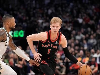 TORONTO, CANADA - NOVEMBER 15: Gradey Dick #1 of the Toronto Raptors drives to the basket during the game against the Milwaukee Bucks on November 15, 2023 at the Scotiabank Arena in Toronto, Ontario, Canada.  NOTE TO USER: User expressly acknowledges and agrees that, by downloading and or using this Photograph, user is consenting to the terms and conditions of the Getty Images License Agreement.  Mandatory Copyright Notice: Copyright 2023 NBAE (Photo by Jordan Jones/NBAE via Getty Images)