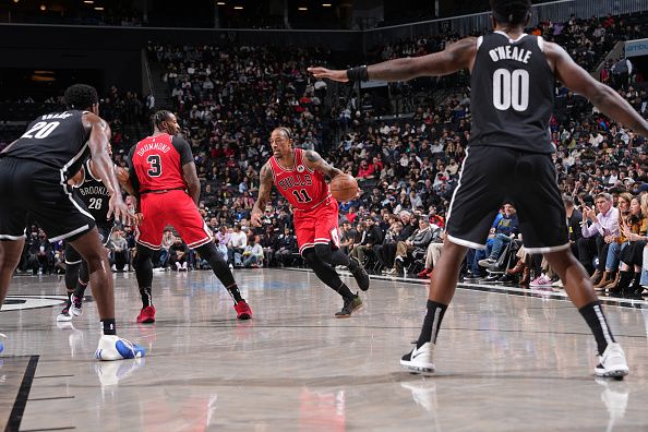 BROOKLYN, NY - NOVEMBER 26: DeMar DeRozan #11 of the Chicago Bulls drives to the basket during the game against the Brooklyn Nets on November 26, 2023 at Barclays Center in Brooklyn, New York. NOTE TO USER: User expressly acknowledges and agrees that, by downloading and or using this Photograph, user is consenting to the terms and conditions of the Getty Images License Agreement. Mandatory Copyright Notice: Copyright 2023 NBAE (Photo by Jesse D. Garrabrant/NBAE via Getty Images)