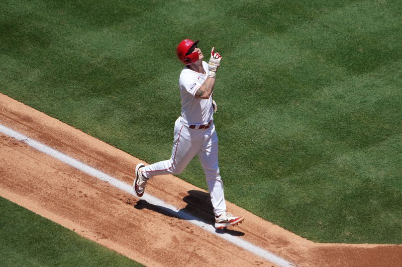 Jul 2, 2023; Anaheim, California, USA; Los Angeles Angels left fielder Mickey Moniak (16) celebrates after hitting a three-run home run in the second inning against the Arizona Diamondbacks at Angel Stadium. Mandatory Credit: Kirby Lee-USA TODAY Sports