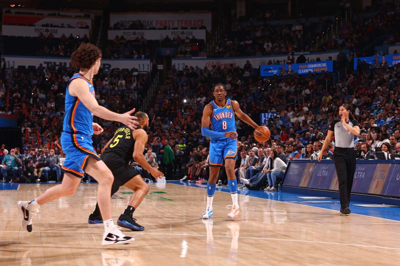 OKLAHOMA CITY, OK - MARCH 20:  Jalen Williams #8 of the Oklahoma City Thunder dribbles the ball during the game against the Utah Jazz on March 20, 2024 at Paycom Arena in Oklahoma City, Oklahoma. NOTE TO USER: User expressly acknowledges and agrees that, by downloading and or using this photograph, User is consenting to the terms and conditions of the Getty Images License Agreement. Mandatory Copyright Notice: Copyright 2024 NBAE (Photo by Zach Beeker/NBAE via Getty Images)