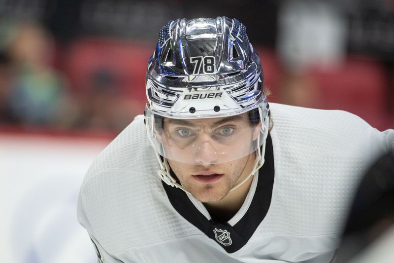 Nov 2, 2023; Ottawa, Ontario, CAN; Los Angeles Kings right wing Alex Laferriere (78) follows the puck in the second period against the Ottawa Senators at the Canadian Tire Centre. Mandatory Credit: Marc DesRosiers-USA TODAY Sports