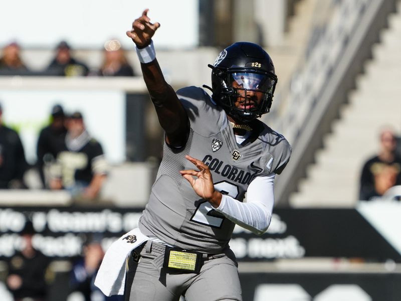 Nov 11, 2023; Boulder, Colorado, USA; Colorado Buffaloes quarterback Shedeur Sanders (2) passes in the first half against the Arizona Wildcats at Folsom Field. Mandatory Credit: Ron Chenoy-USA TODAY Sports