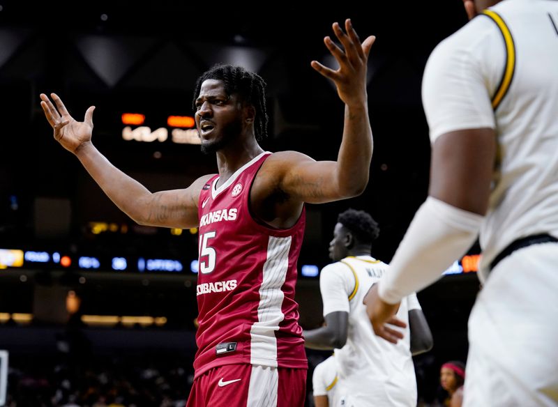 Jan 31, 2024; Columbia, Missouri, USA; Arkansas Razorbacks forward Makhi Mitchell (15) reacts during the second half against the Missouri Tigers at Mizzou Arena. Mandatory Credit: Jay Biggerstaff-USA TODAY Sports