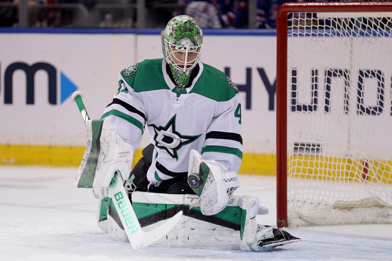 Feb 20, 2024; New York, New York, USA; Dallas Stars goaltender Scott Wedgewood (41) makes a save against the New York Rangers during the first period at Madison Square Garden. Mandatory Credit: Brad Penner-USA TODAY Sports