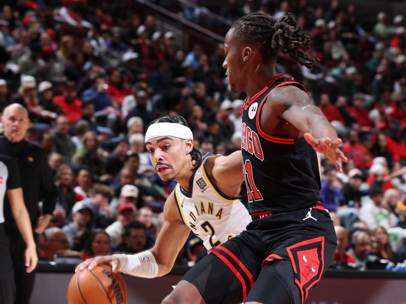 CHICAGO, IL - DECEMBER 6: Andrew Nembhard #2 of the Indiana Pacers drives to the basket during the game against the Chicago Bulls on December 6, 2024 at United Center in Chicago, Illinois. NOTE TO USER: User expressly acknowledges and agrees that, by downloading and or using this photograph, User is consenting to the terms and conditions of the Getty Images License Agreement. Mandatory Copyright Notice: Copyright 2024 NBAE (Photo by Jeff Haynes/NBAE via Getty Images)