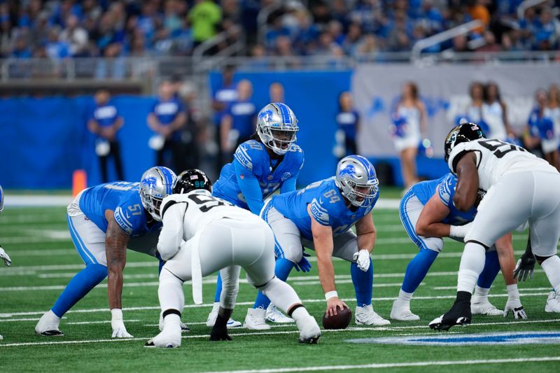 Detroit Lions quarterback Teddy Bridgewater (50) calls signals against the Jacksonville Jaguars during an preseason NFL football game in Detroit, Saturday, Aug. 19, 2023. (AP Photo/Paul Sancya)