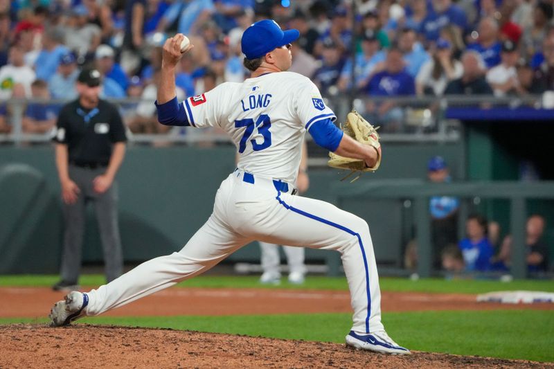 Jun 10, 2024; Kansas City, Missouri, USA; Kansas City Royals relief pitcher Sam Long (73) delivers a pitch against the New York Yankees in the ninth inning at Kauffman Stadium. Mandatory Credit: Denny Medley-USA TODAY Sports