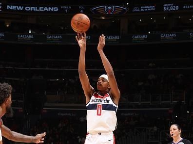 WASHINGTON, DC -? DECEMBER 13:  Bilal Coulibaly #0 of the Washington Wizards shoots a three point basket during the game  on December 13, 2023 at Capital One Arena in Washington, DC. NOTE TO USER: User expressly acknowledges and agrees that, by downloading and or using this Photograph, user is consenting to the terms and conditions of the Getty Images License Agreement. Mandatory Copyright Notice: Copyright 2023 NBAE (Photo by Stephen Gosling/NBAE via Getty Images)