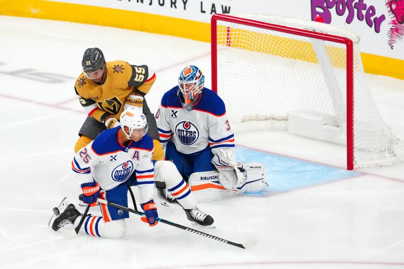 Apr 1, 2025; Las Vegas, Nevada, USA; Edmonton Oilers defenseman Darnell Nurse (25) blocks a shot in front of Vegas Golden Knights right wing Keegan Kolesar (55) as Edmonton Oilers goaltender Calvin Pickard (30) defends his net during the third period at T-Mobile Arena. Mandatory Credit: Stephen R. Sylvanie-Imagn Images