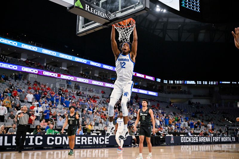 Mar 11, 2023; Fort Worth, TX, USA; Memphis Tigers forward DeAndre Williams (12) dunks the ball against the Tulane Green Wave during the first half at Dickies Arena. Mandatory Credit: Jerome Miron-USA TODAY Sports