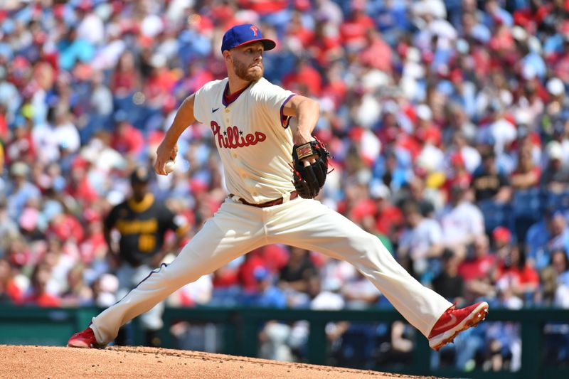 Apr 14, 2024; Philadelphia, Pennsylvania, USA; Philadelphia Phillies pitcher Zack Wheeler (45) throws a pitch during the second inning against the Pittsburgh Pirates at Citizens Bank Park. Mandatory Credit: Eric Hartline-USA TODAY Sports