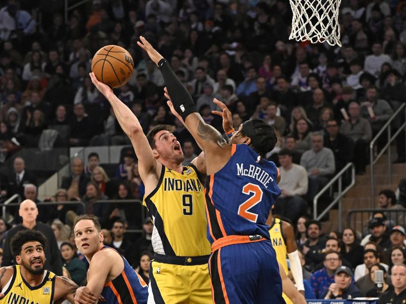 NEW YORK, NY - FEBRUARY 10: T.J. McConnell #9 of the Indiana Pacers drives to the basket during the game against the New York Knicks on February 10, 2024 at Madison Square Garden in New York City, New York.  NOTE TO USER: User expressly acknowledges and agrees that, by downloading and or using this photograph, User is consenting to the terms and conditions of the Getty Images License Agreement. Mandatory Copyright Notice: Copyright 2024 NBAE  (Photo by David Dow/NBAE via Getty Images)