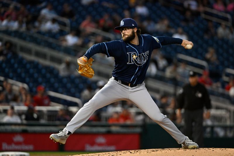 Apr 4, 2023; Washington, District of Columbia, USA; Tampa Bay Rays starting pitcher Josh Fleming (19) throws to the Washington Nationals during the second inning at Nationals Park. Mandatory Credit: Brad Mills-USA TODAY Sports