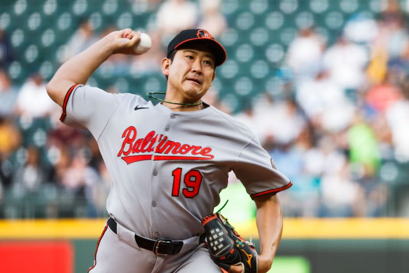Jun 3, 2025; Seattle, Washington, USA; Baltimore Orioles starting pitcher Tomoyuki Sugano (19) throws against the Seattle Mariners during the third inning at T-Mobile Park. Mandatory Credit: Joe Nicholson-Imagn Images