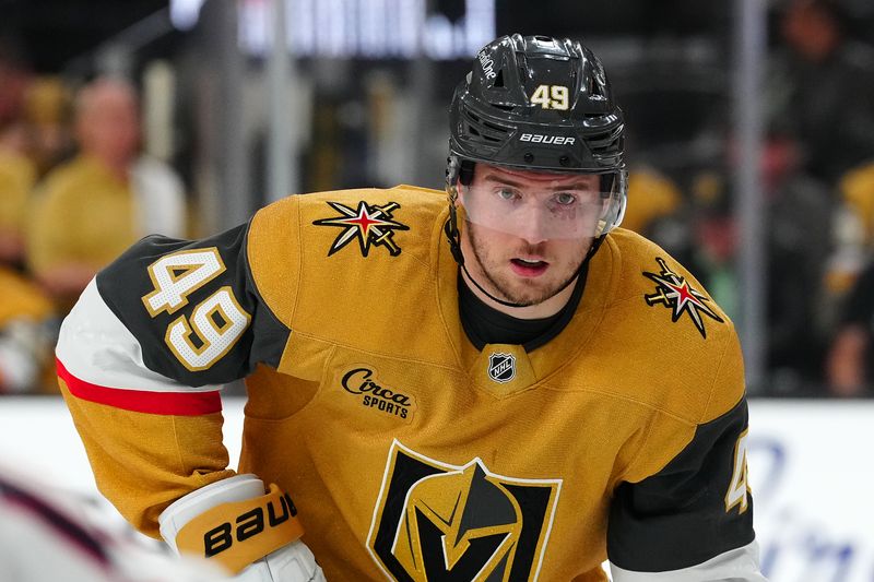 Jan 30, 2025; Las Vegas, Nevada, USA; Vegas Golden Knights center Ivan Barbashev (49) skates against the Columbus Blue Jackets during the second period at T-Mobile Arena. Mandatory Credit: Stephen R. Sylvanie-Imagn Images