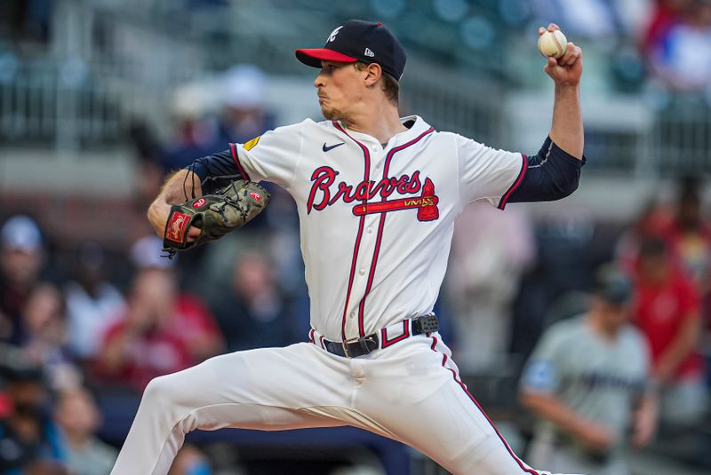 Apr 23, 2024; Cumberland, Georgia, USA; Atlanta Braves pitcher Max Fried (54) pitches against the Miami Marlins during the first inning  at Truist Park. Mandatory Credit: Dale Zanine-USA TODAY Sports