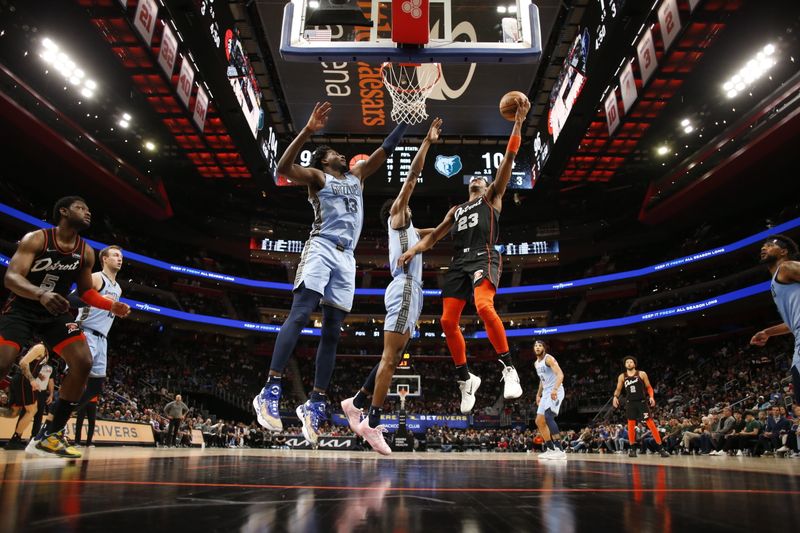 DETROIT, MI - APRIL 1: Jaden Ivey #23 of the Detroit Pistons drives to the basket during the game against the Memphis Grizzlies on April 1, 2024 at Little Caesars Arena in Detroit, Michigan. NOTE TO USER: User expressly acknowledges and agrees that, by downloading and/or using this photograph, User is consenting to the terms and conditions of the Getty Images License Agreement. Mandatory Copyright Notice: Copyright 2024 NBAE (Photo by Brian Sevald/NBAE via Getty Images)