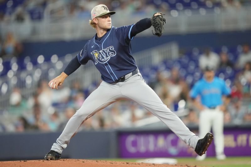 May 18, 2025; Miami, Florida, USA;  Tampa Bay Rays pitcher Shane Baz (11) pitches in the first inning against the Miami Marlins at loanDepot Park. Mandatory Credit: Jim Rassol-Imagn Images