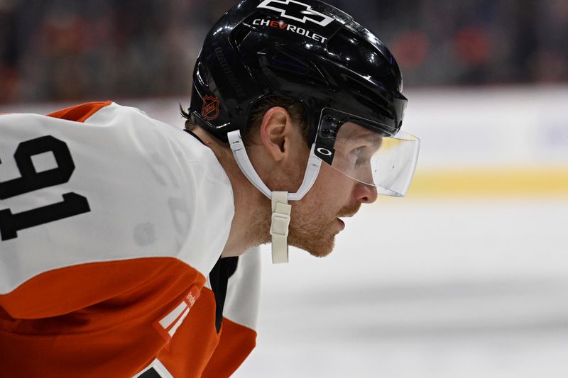 Dec 9, 2025; Philadelphia, Pennsylvania, USA; Philadelphia Flyers right wing Carl Grundstrom (91) against the San Jose Sharks during the first period at Xfinity Mobile Arena. Mandatory Credit: Eric Hartline-Imagn Images