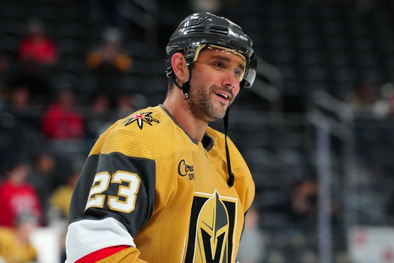 Feb 20, 2024; Las Vegas, Nevada, USA; Vegas Golden Knights defenseman Alec Martinez (23) warms up before a game against the Nashville Predators at T-Mobile Arena. Mandatory Credit: Stephen R. Sylvanie-USA TODAY Sports