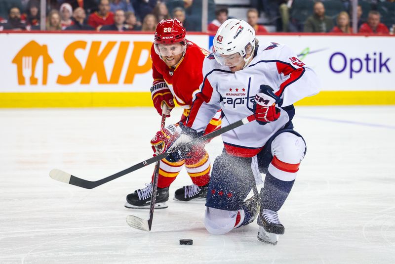 Mar 18, 2024; Calgary, Alberta, CAN; Washington Capitals left wing Ivan Miroshnichenko (63) and Calgary Flames center Blake Coleman (20) battles for the puck during the third period at Scotiabank Saddledome. Mandatory Credit: Sergei Belski-USA TODAY Sports