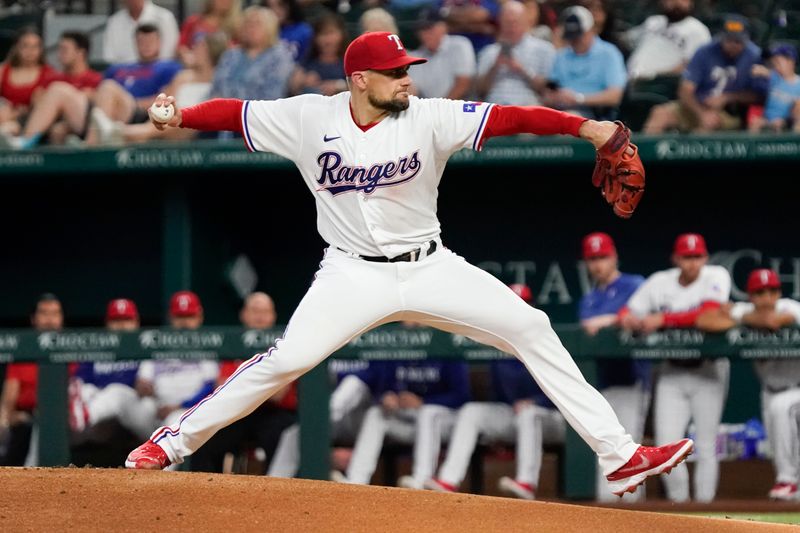 May 17, 2023; Arlington, Texas, USA; Texas Rangers starting pitcher Nathan Eovaldi (17) throws during the first inning against the Atlanta Braves at Globe Life Field. Mandatory Credit: Raymond Carlin III-USA TODAY Sports