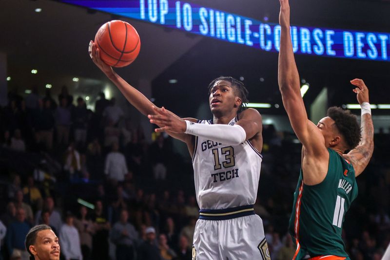 Jan 4, 2023; Atlanta, Georgia, USA; Georgia Tech Yellow Jackets guard Miles Kelly (13) shoots against the Miami Hurricanes in the second half at McCamish Pavilion. Mandatory Credit: Brett Davis-USA TODAY Sports
