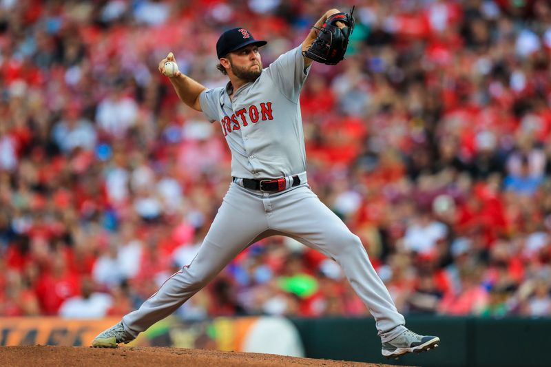 Jun 21, 2024; Cincinnati, Ohio, USA; Boston Red Sox starting pitcher Kutter Crawford (50) pitches against the Cincinnati Reds in the first inning at Great American Ball Park. Mandatory Credit: Katie Stratman-USA TODAY Sports