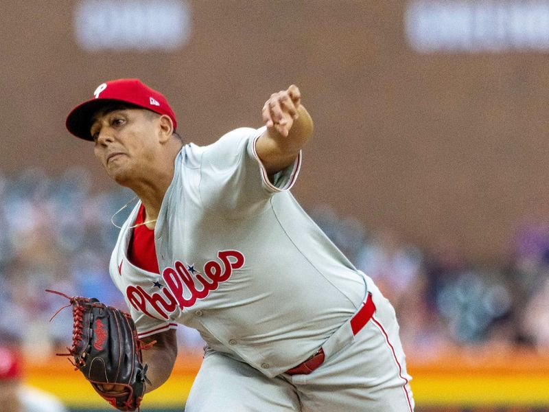 Jun 25, 2024; Detroit, Michigan, USA; Philadelphia Phillies starting pitcher Ranger Suarez (55) pitches in the first inning against the Detroit Tigers at Comerica Park. Mandatory Credit: David Reginek-USA TODAY Sports