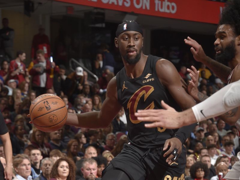 CLEVELAND, OH - November 15: Caris LeVert #3 of the Cleveland Cavaliers drives to the basket during the game against the Chicago Bulls during the Emirates NBA Cup game on November 15, 2024 at Rocket Mortgage FieldHouse in Cleveland, Ohio. NOTE TO USER: User expressly acknowledges and agrees that, by downloading and/or using this Photograph, user is consenting to the terms and conditions of the Getty Images License Agreement. Mandatory Copyright Notice: Copyright 2024 NBAE (Photo by David Liam Kyle/NBAE via Getty Images)