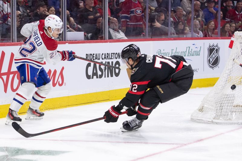 Apr 13, 2024; Ottawa, Ontario, CAN; Montreal Canadiens right wing Cole Caufield (22) shoots the puck past Ottawa Senators defenseman Thomas Chabot (72) in the second period at the Canadian Tire Centre. Mandatory Credit: Marc DesRosiers-USA TODAY Sports