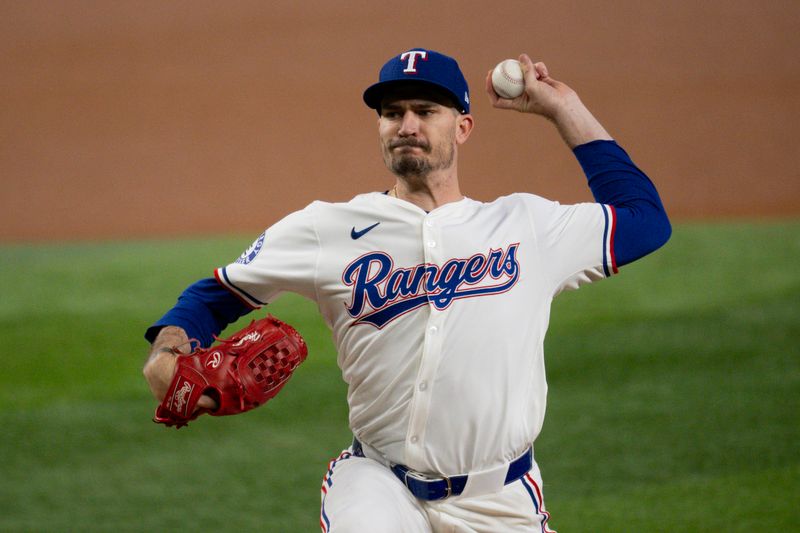 Aug 21, 2024; Arlington, Texas, USA; Texas Rangers starting pitcher Andrew Heaney (44) pitches against the Pittsburgh Pirates during the first inning at Globe Life Field. Mandatory Credit: Jerome Miron-USA TODAY Sports
