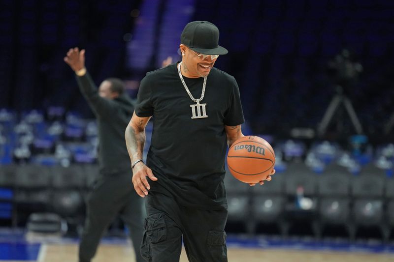 PHILADELPHIA, PA - MARCH 18: Allen Iverson attends the game between the Miami Heat  and the Philadelphia 76ers on March 18, 2024 at the Wells Fargo Center in Philadelphia, Pennsylvania NOTE TO USER: User expressly acknowledges and agrees that, by downloading and/or using this Photograph, user is consenting to the terms and conditions of the Getty Images License Agreement. Mandatory Copyright Notice: Copyright 2024 NBAE (Photo by Jesse D. Garrabrant/NBAE via Getty Images)