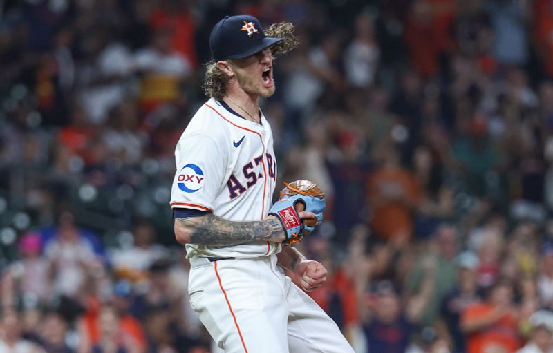 May 21, 2024; Houston, Texas, USA; Houston Astros relief pitcher Josh Hader (71) reacts after getting a strikeout during the tenth inning against the Los Angeles Angels at Minute Maid Park. Mandatory Credit: Troy Taormina-USA TODAY Sports