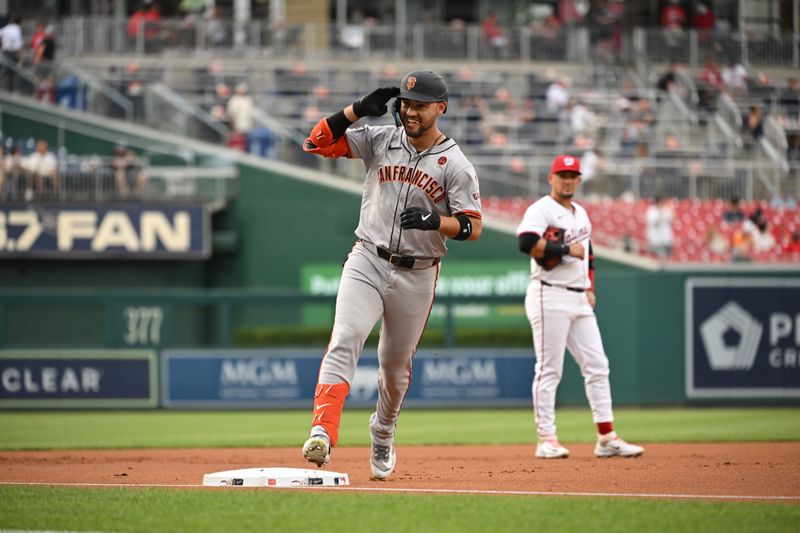 Aug 6, 2024; Washington, District of Columbia, USA; San San Francisco Giants left fielder Michael Conforto (8) gestures as he rounds third base after hitting a three run home run against the Washington Nationals during the first inning at Nationals Park. Mandatory Credit: Rafael Suanes-USA TODAY Sports