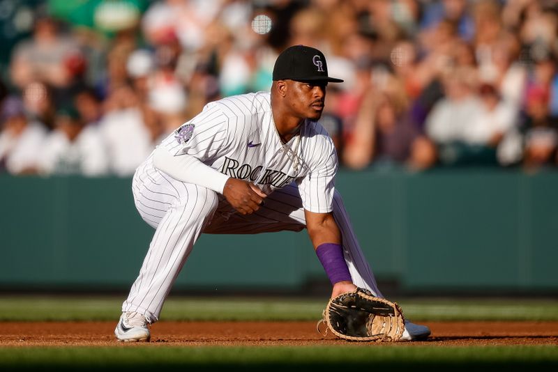 Jul 28, 2023; Denver, Colorado, USA; Colorado Rockies first baseman Elehuris Montero (44) in the first inning against the Oakland Athletics at Coors Field. Mandatory Credit: Isaiah J. Downing-USA TODAY Sports