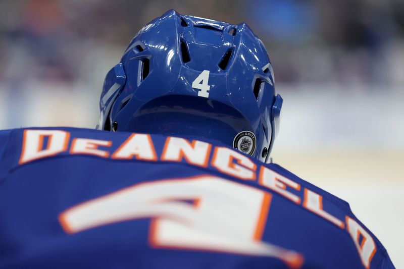 Jan 28, 2025; Elmont, New York, USA; New York Islanders defenseman Tony DeAngelo (4) skates against the Colorado Avalanche during the third period at UBS Arena. Mandatory Credit: Brad Penner-Imagn Images
