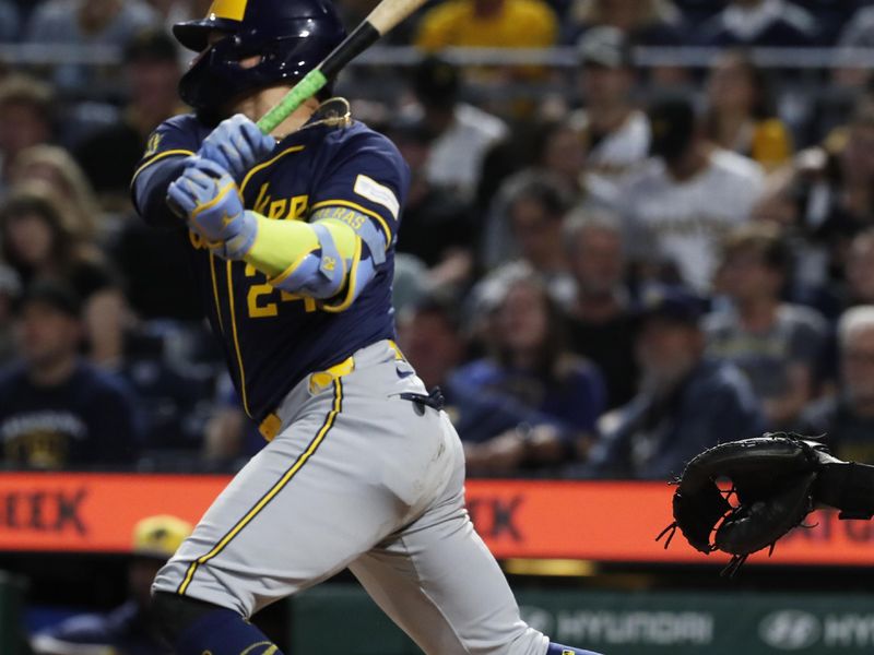 Sep 25, 2024; Pittsburgh, Pennsylvania, USA;  Milwaukee Brewers catcher William Contreras (24) hits a single against the Pittsburgh Pirates during the fourth inning at PNC Park. Mandatory Credit: Charles LeClaire-Imagn Images