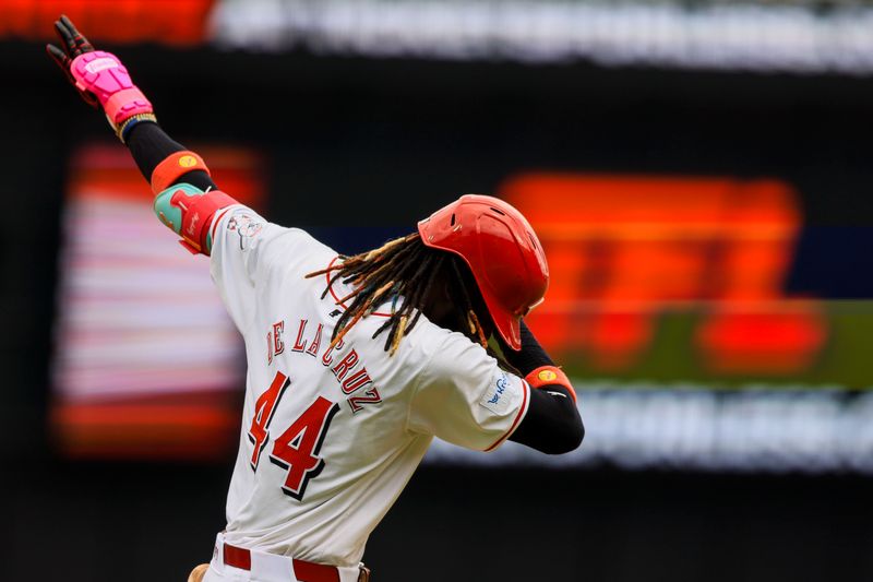 Jul 14, 2024; Cincinnati, Ohio, USA; Cincinnati Reds shortstop Elly De La Cruz (44) reacts after hitting a two-run home run in the sixth inning against the Miami Marlins at Great American Ball Park. Mandatory Credit: Katie Stratman-USA TODAY Sports