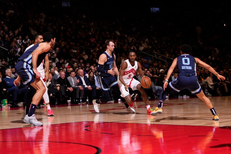 TORONTO, CANADA - JANUARY 22: Immanuel Quickley #5 of the Toronto Raptors handles the ball during the game against the Memphis Grizzlies on January 22, 2024 at the Scotiabank Arena in Toronto, Ontario, Canada.  NOTE TO USER: User expressly acknowledges and agrees that, by downloading and or using this Photograph, user is consenting to the terms and conditions of the Getty Images License Agreement.  Mandatory Copyright Notice: Copyright 2024 NBAE (Photo by Mark Blinch/NBAE via Getty Images)