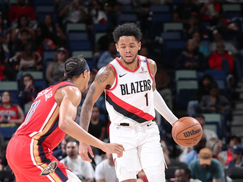 CHICAGO, IL - NOVEMBER 4: Anfernee Simons #1 of the Portland Trail Blazers dribbles the ball during the game against the New Orleans Pelicans on November 4, 2024 at Smoothie King Center in New Orleans, Louisiana. NOTE TO USER: User expressly acknowledges and agrees that, by downloading and or using this photograph, User is consenting to the terms and conditions of the Getty Images License Agreement. Mandatory Copyright Notice: Copyright 2024 NBAE (Photo by Jeff Haynes/NBAE via Getty Images)