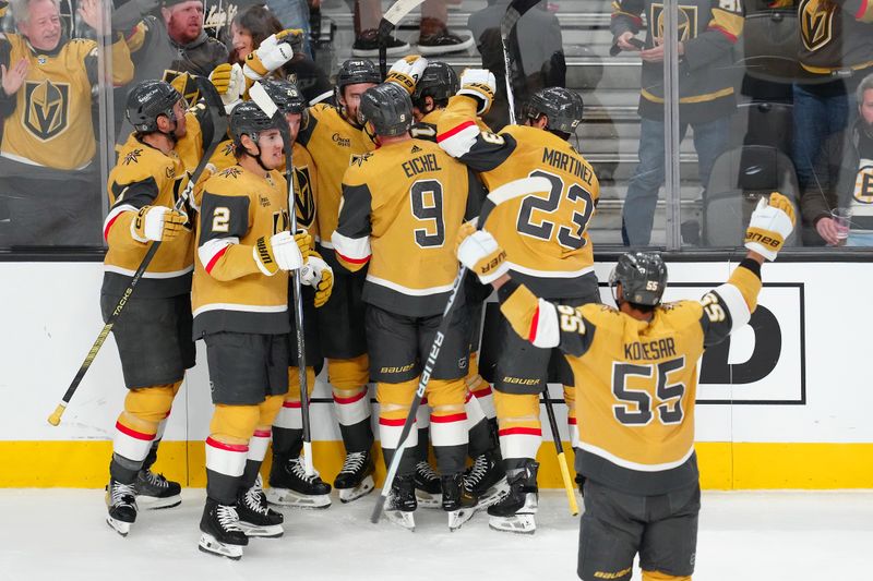 Jan 11, 2024; Las Vegas, Nevada, USA; Vegas Golden Knights players celebrate after Vegas Golden Knights defenseman Alex Pietrangelo (7) scored a goal against the Boston Bruins in overtime to give the Golden Knights a 2-1 victory at T-Mobile Arena. Mandatory Credit: Stephen R. Sylvanie-USA TODAY Sports