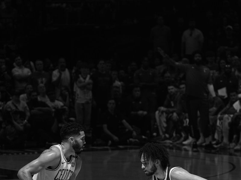 DALLAS, TX - JUNE 12: : (EDITORS NOTE: This image was converted to black and white) Jayson Tatum #0 of the Boston Celtics handles the ball during the game against the Dallas Mavericks during Game 3 of the 2024 NBA Finals on June 12, 2024 at the American Airlines Center in Dallas, Texas. NOTE TO USER: User expressly acknowledges and agrees that, by downloading and or using this photograph, User is consenting to the terms and conditions of the Getty Images License Agreement. Mandatory Copyright Notice: Copyright 2024 NBAE (Photo by Garrett Ellwood/NBAE via Getty Images)