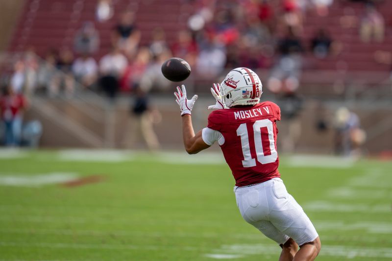 Oct 26, 2024; Stanford, California, USA;  Stanford Cardinal wide receiver Emmett Mosley V (10) catches the football against the Wake Forest Demon Deacons second quarter at Stanford Stadium. Mandatory Credit: Neville E. Guard-Imagn Images