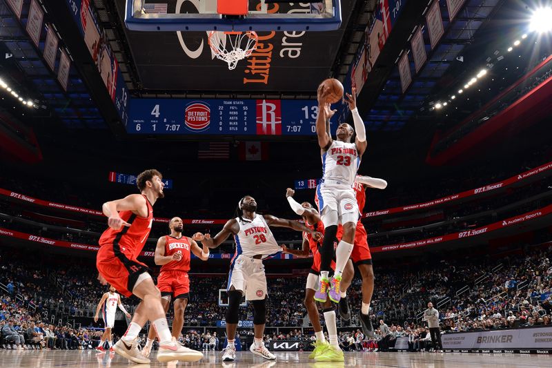 DETROIT, MI - NOVEMBER 10: Jaden Ivey #23 of the Detroit Pistons drives to the basket during the game against the Houston Rockets on November 10, 2024 at Little Caesars Arena in Detroit, Michigan. NOTE TO USER: User expressly acknowledges and agrees that, by downloading and/or using this photograph, User is consenting to the terms and conditions of the Getty Images License Agreement. Mandatory Copyright Notice: Copyright 2024 NBAE (Photo by Chris Schwegler/NBAE via Getty Images)