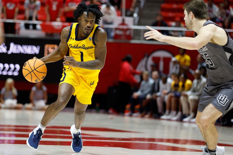 Feb 5, 2023; Salt Lake City, Utah, USA; California Golden Bears guard Joel Brown (1) drives against Utah Utes guard Rollie Worster (25) in the first half at Jon M. Huntsman Center. Mandatory Credit: Jeffrey Swinger-USA TODAY Sports